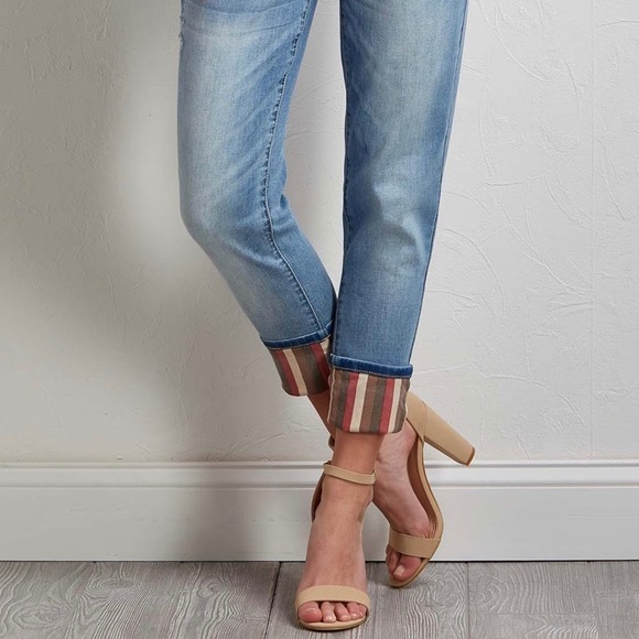 Denim - Distressed stripe cuffed jeans